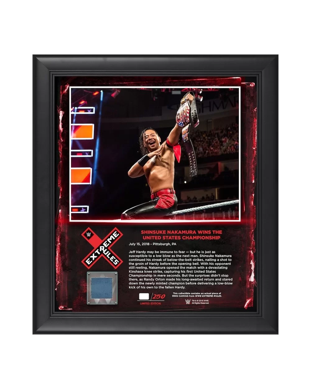 Shinsuke Nakamura Framed 15" x 17" 2018 Extreme Rules Collage with a Piece of Match-Used Canvas - Limited Edition of 199 $20....