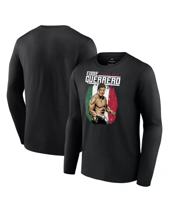 Men's Black Eddie Guerrero Latino Heat Portrait Long Sleeve T-Shirt $14.00 T-Shirts