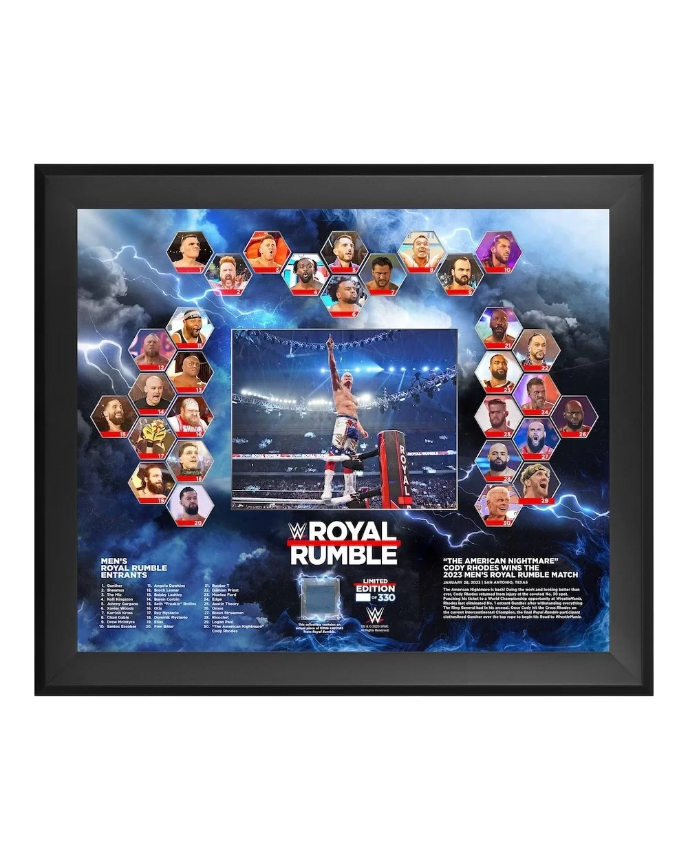 Cody Rhodes WWE Framed 20" x 24" 2023 Royal Rumble Men's Match Collage with a Piece of Match-Used Canvas - Limited Edition of...