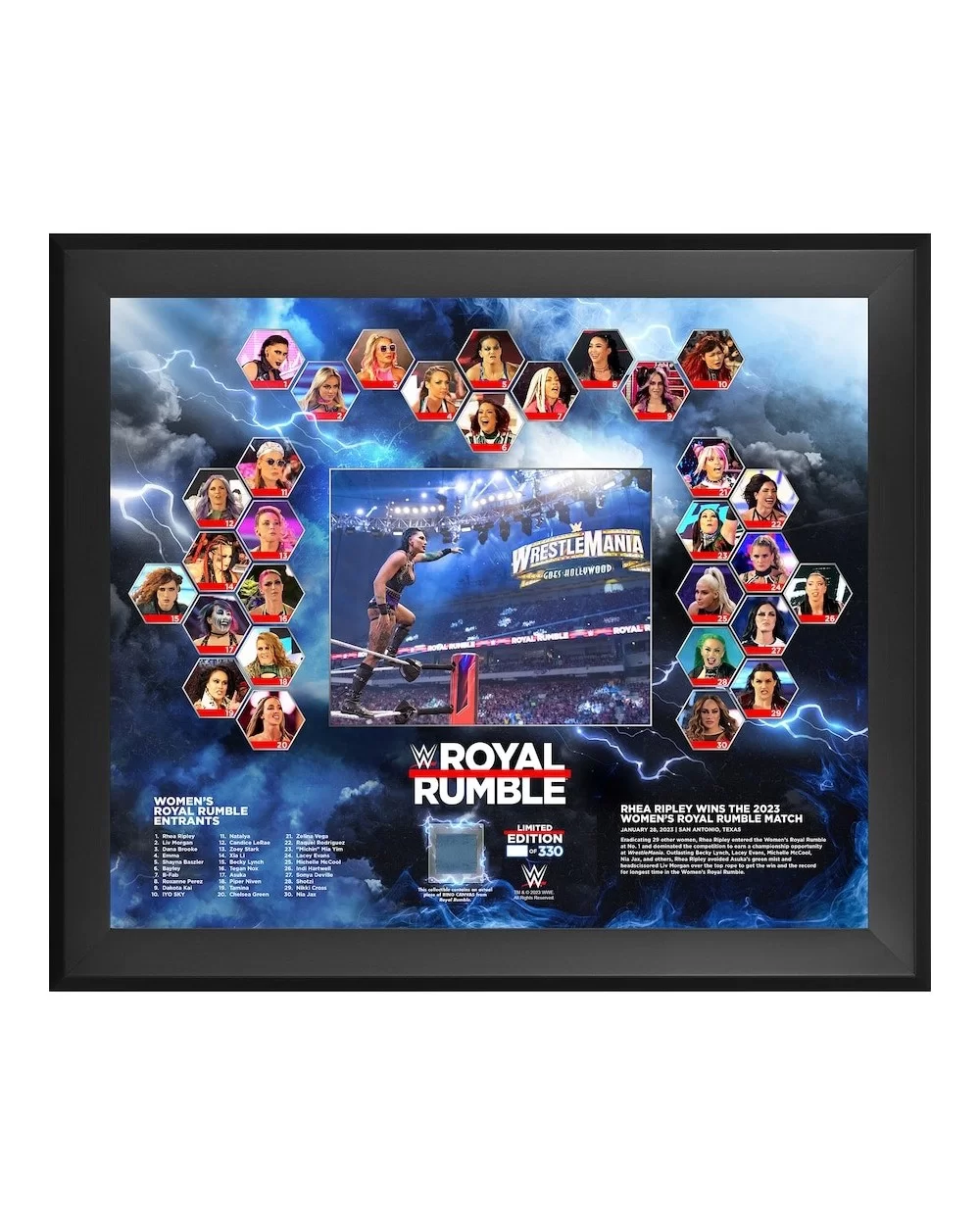 Rhea Ripley Framed 20" x 24" 2023 Royal Rumble Women's Match Collage with a Piece of Match-Used Canvas - Limited Edition of 3...