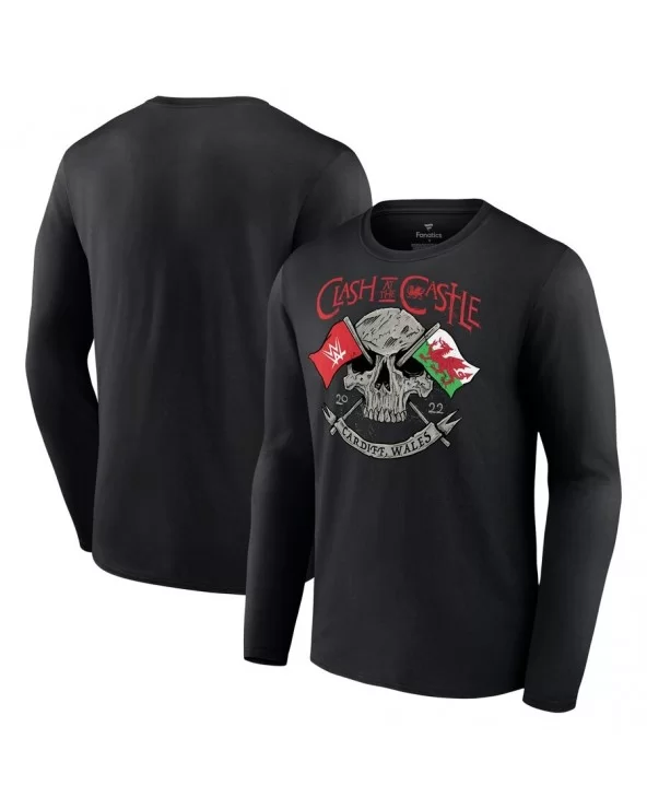 Men's Black WWE Clash at the Castle 2022 Skull Long Sleeve T-Shirt $11.48 T-Shirts