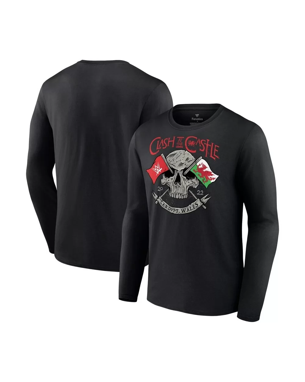 Men's Black WWE Clash at the Castle 2022 Skull Long Sleeve T-Shirt $11.48 T-Shirts