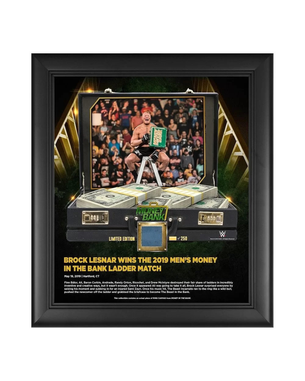 Brock Lesnar WWE Framed 15" x 17" 2019 Money In The Bank Collage with Piece of Match-Used Canvas - Limited Edition of 250 $20...