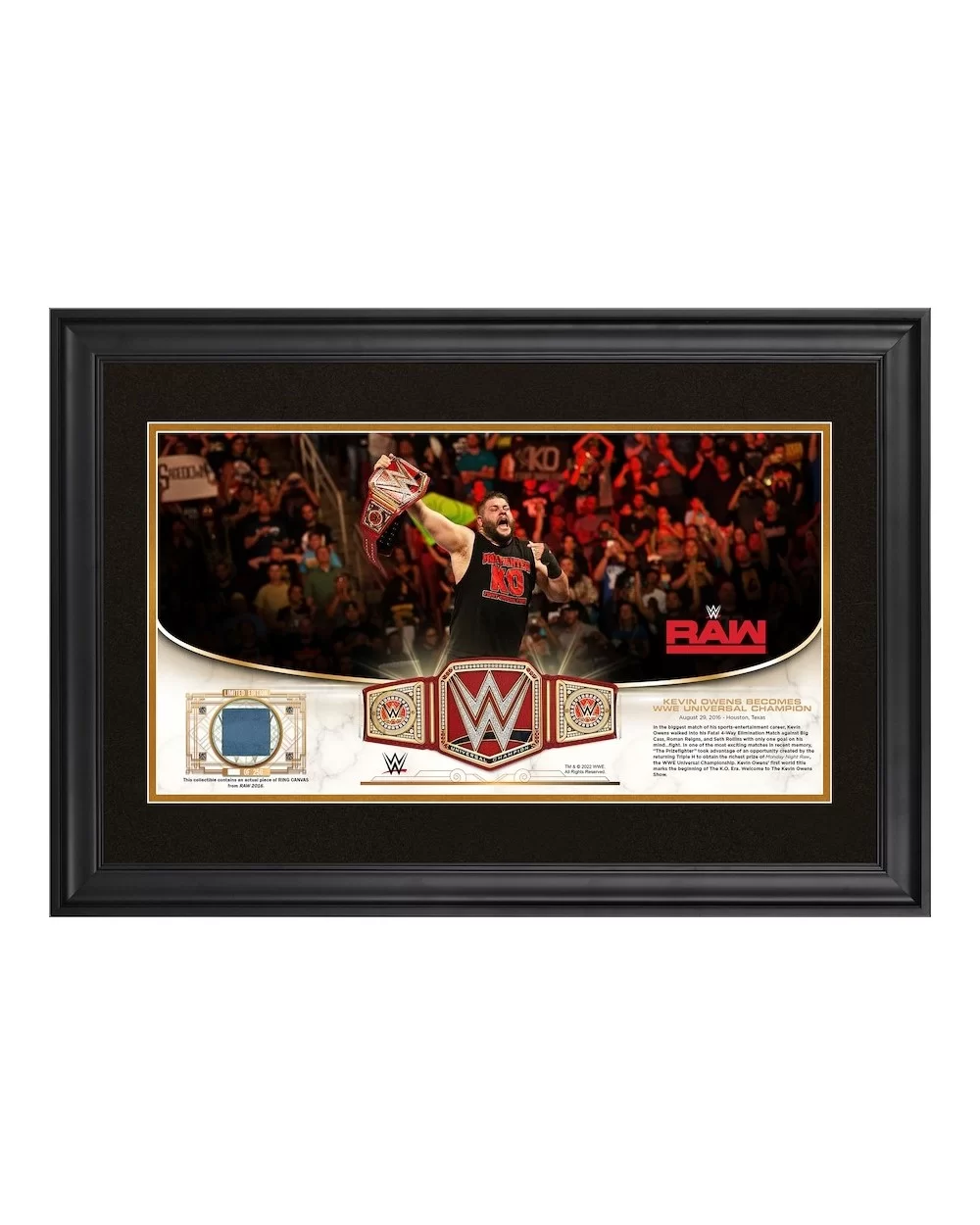 Kevin Owens WWE Golden Moments Framed 10" x 18" August 29 2016 Monday Night Raw Collage with a Piece of Match-Used Canvas - L...