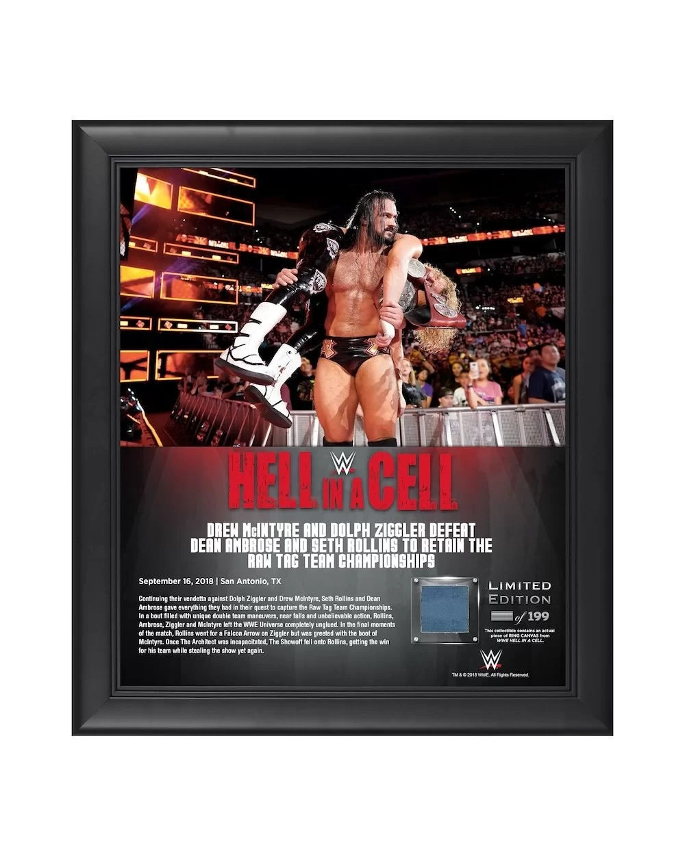 Drew McIntyre & Dolph Ziggler WWE Framed 15" x 17" 2018 Hell In A Cell Collage with a Piece of Match-Used Canvas - Limited Ed...