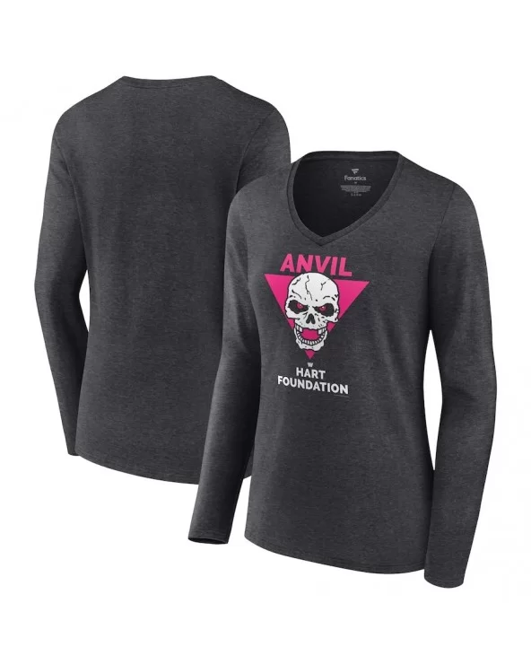 Women's Fanatics Branded Jim Neidhart Charcoal Hart Foundation Retro Long Sleeve V-Neck T-Shirt $10.36 T-Shirts