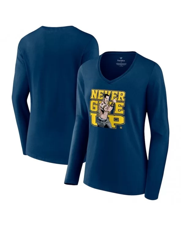 Women's Fanatics Branded Navy John Cena Never Give Up Long Sleeve V-Neck T-Shirt $11.88 T-Shirts