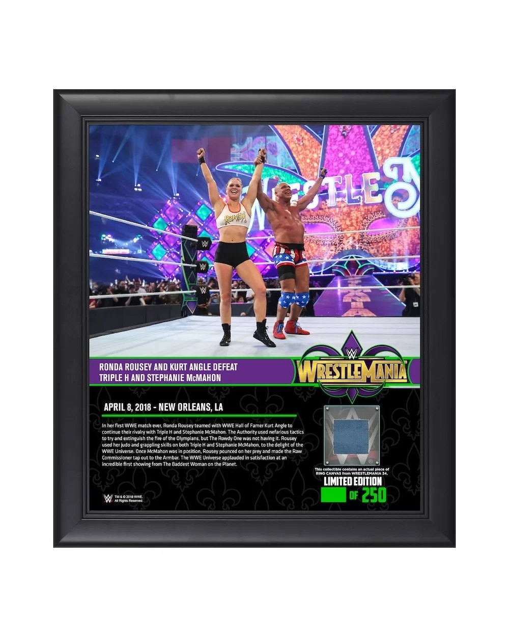 Kurt Angle & Ronda Rousey Framed 15" x 17" WrestleMania 34 Collage with a Piece of Match-Used Canvas - Limited Edition of 250...