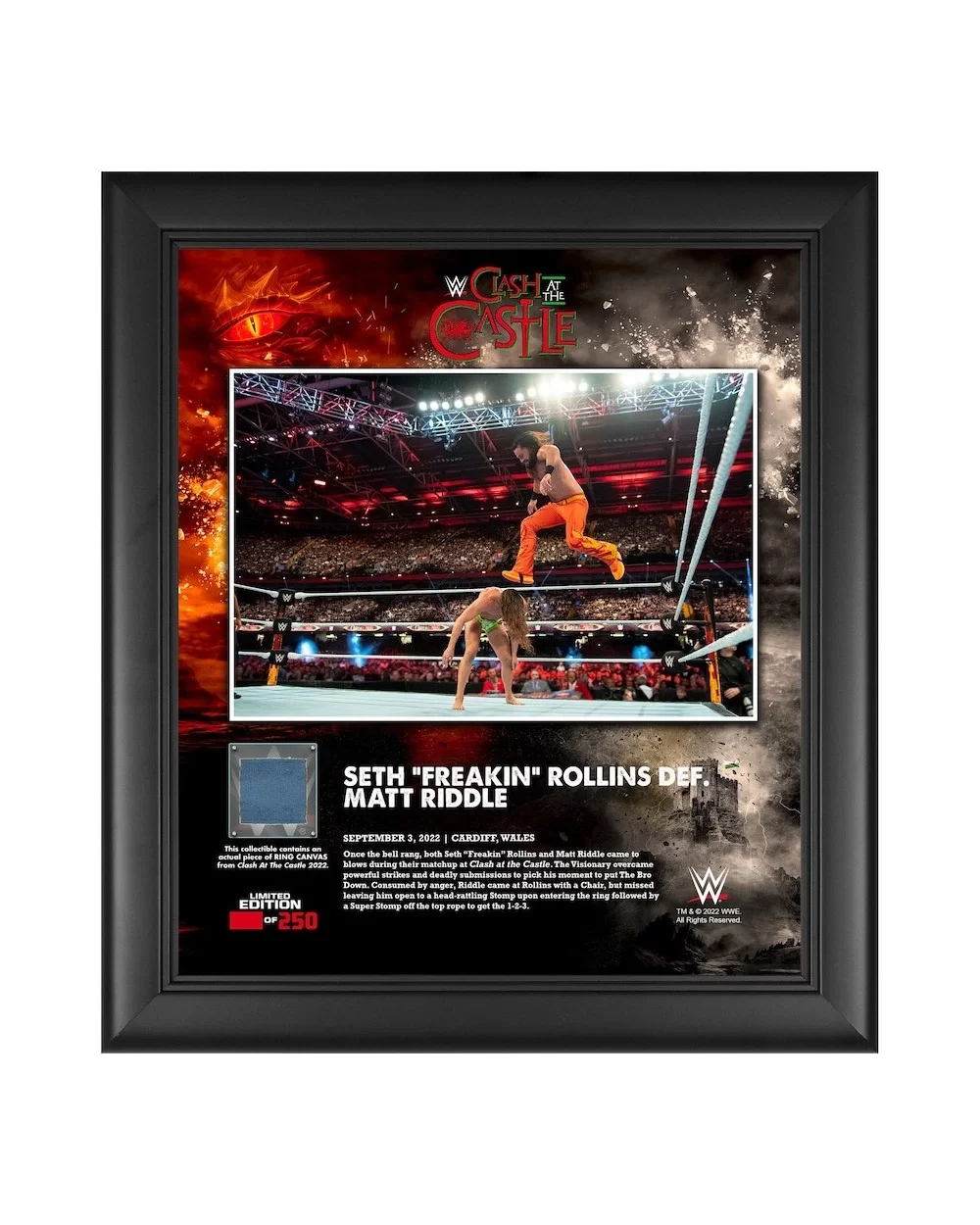 Seth "Freakin" Rollins WWE Framed 15" x 17" 2022 Clash at the Castle Collage with a Piece of Match-Used Canvas - Limited Edit...