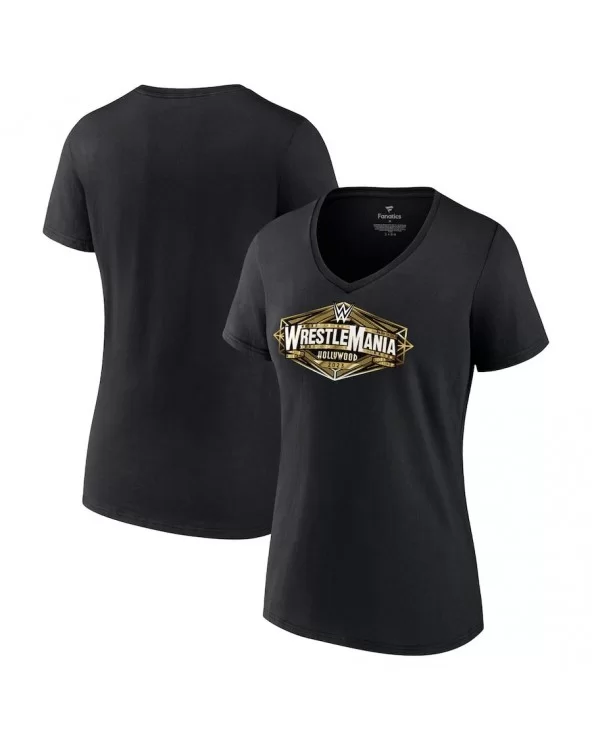 Women's Black WrestleMania Hollywood Logo V-Neck T-Shirt $10.08 T-Shirts