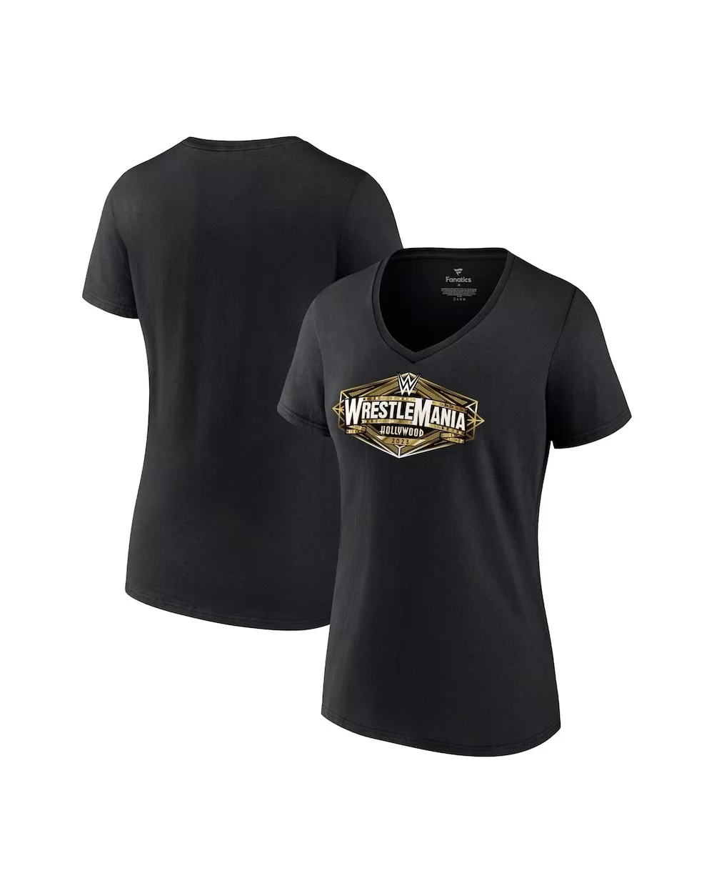 Women's Black WrestleMania Hollywood Logo V-Neck T-Shirt $10.08 T-Shirts