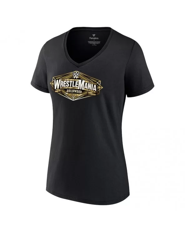 Women's Black WrestleMania Hollywood Logo V-Neck T-Shirt $10.08 T-Shirts