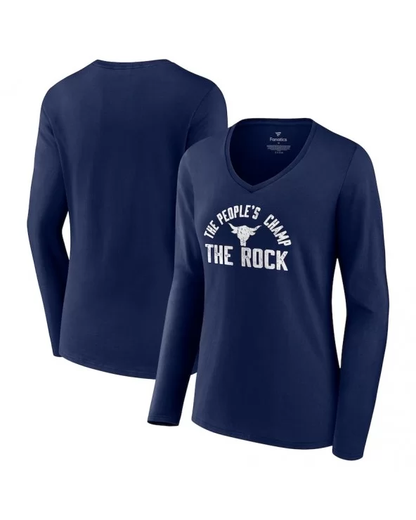 Women's Fanatics Branded Navy The Rock The People's Champ Long Sleeve V-Neck T-Shirt $11.20 T-Shirts