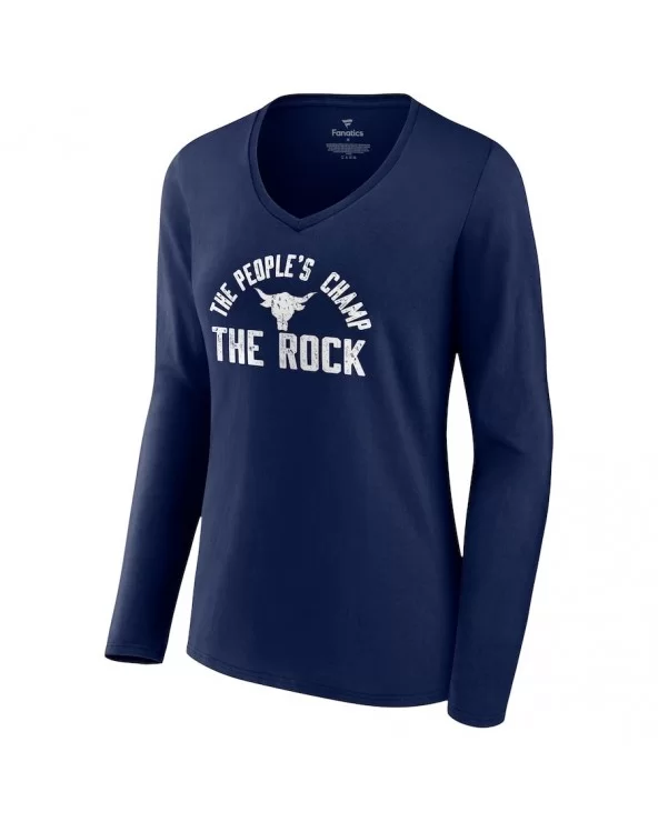 Women's Fanatics Branded Navy The Rock The People's Champ Long Sleeve V-Neck T-Shirt $11.20 T-Shirts