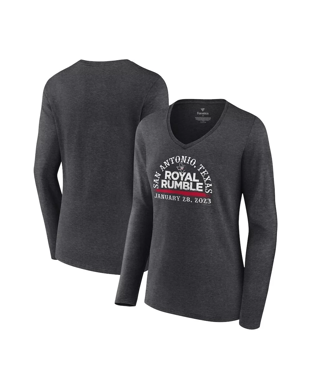 Women's Fanatics Branded Charcoal Royal Rumble 2023 Arch Long Sleeve V-Neck T-Shirt $12.60 T-Shirts