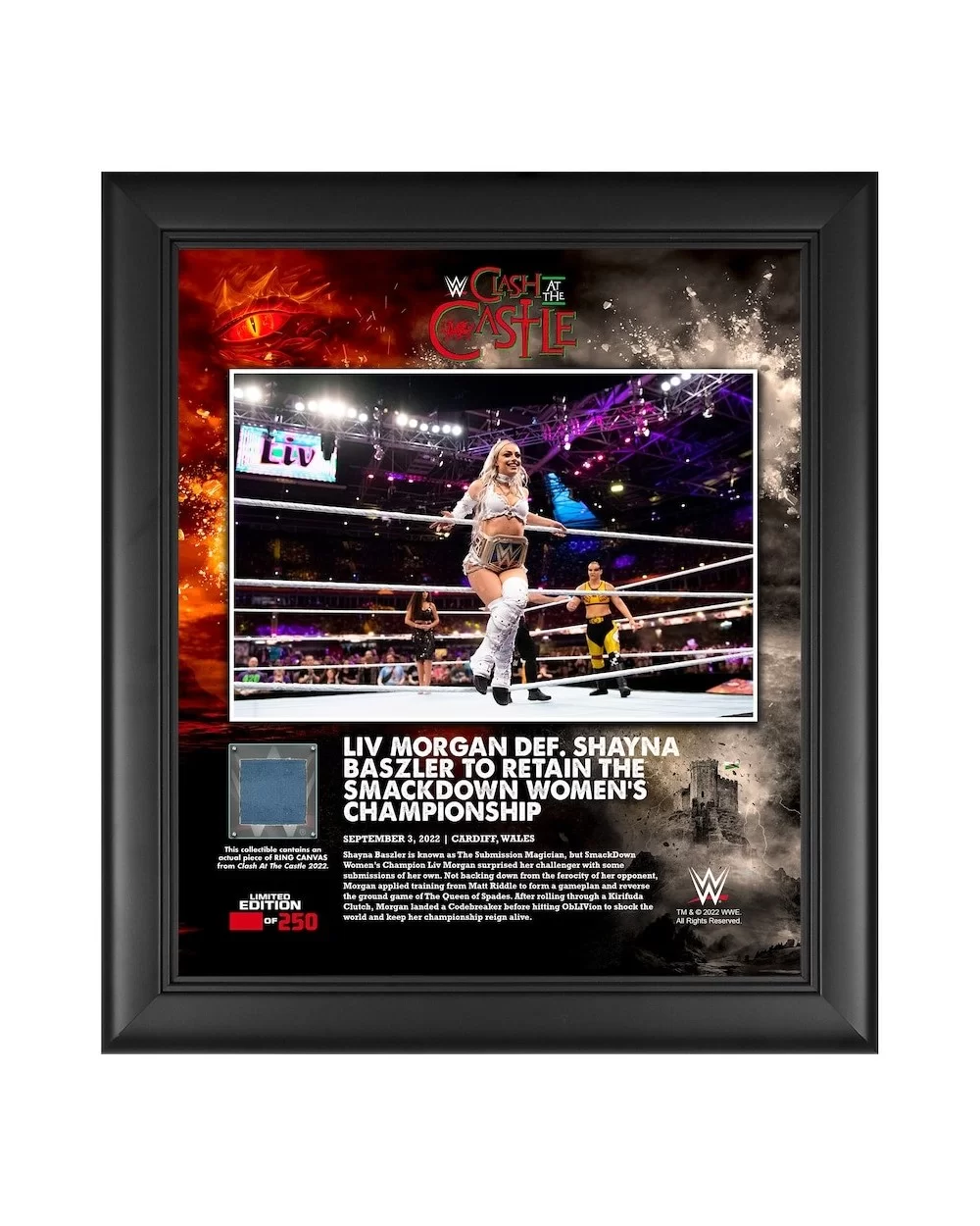 Liv Morgan WWE Framed 15" x 17" 2022 Clash at the Castle Collage with a Piece of Match-Used Canvas - Limited Edition of 250 $...